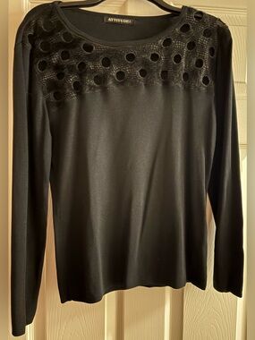 Attitude Black Long-Sleeve Faux Fur Perforated Yoke Top NWOT!!!!
